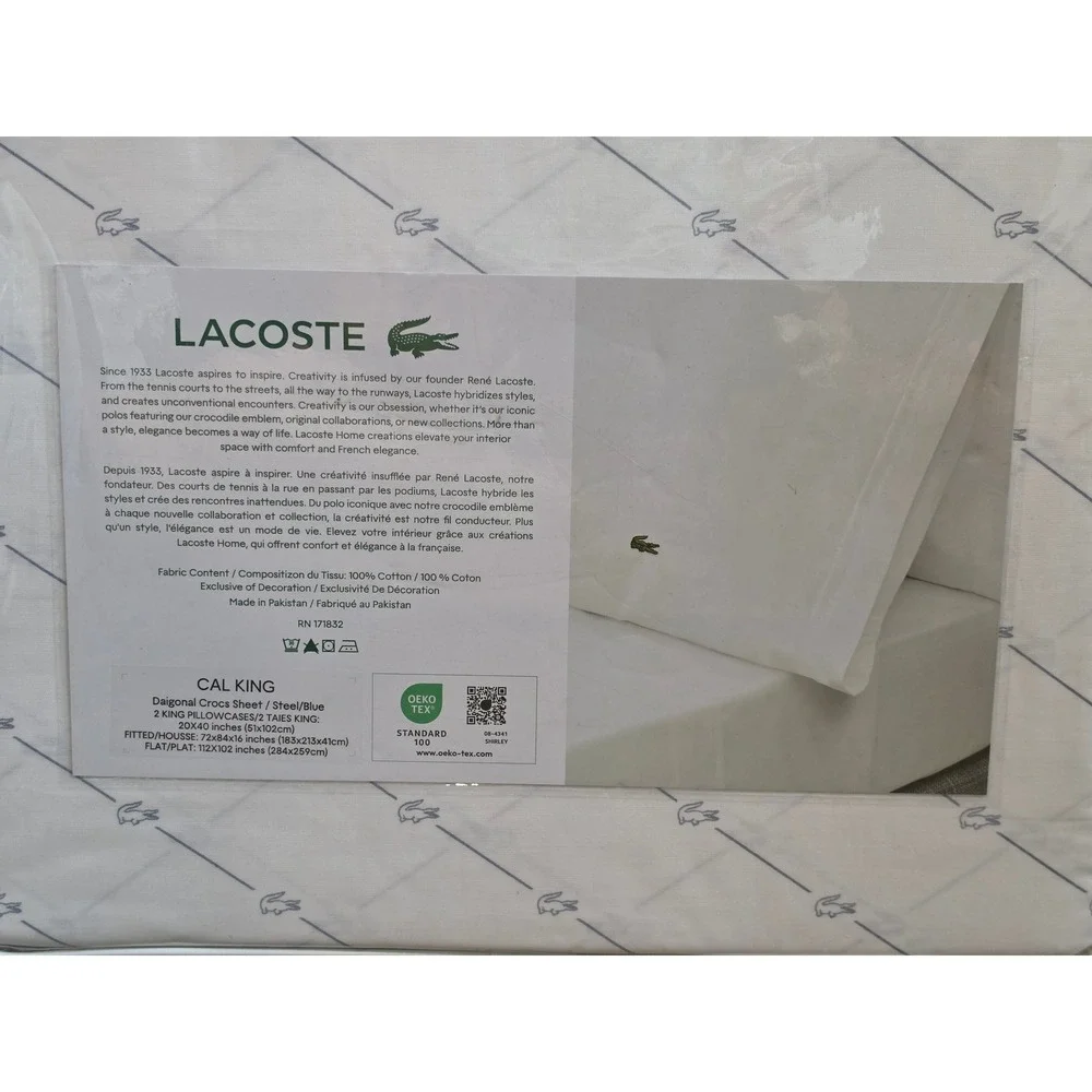 Lacoste Cal King Sheet Set 4pc 100% Cotton Percale Diagonal Crocs Steel Blue NEW